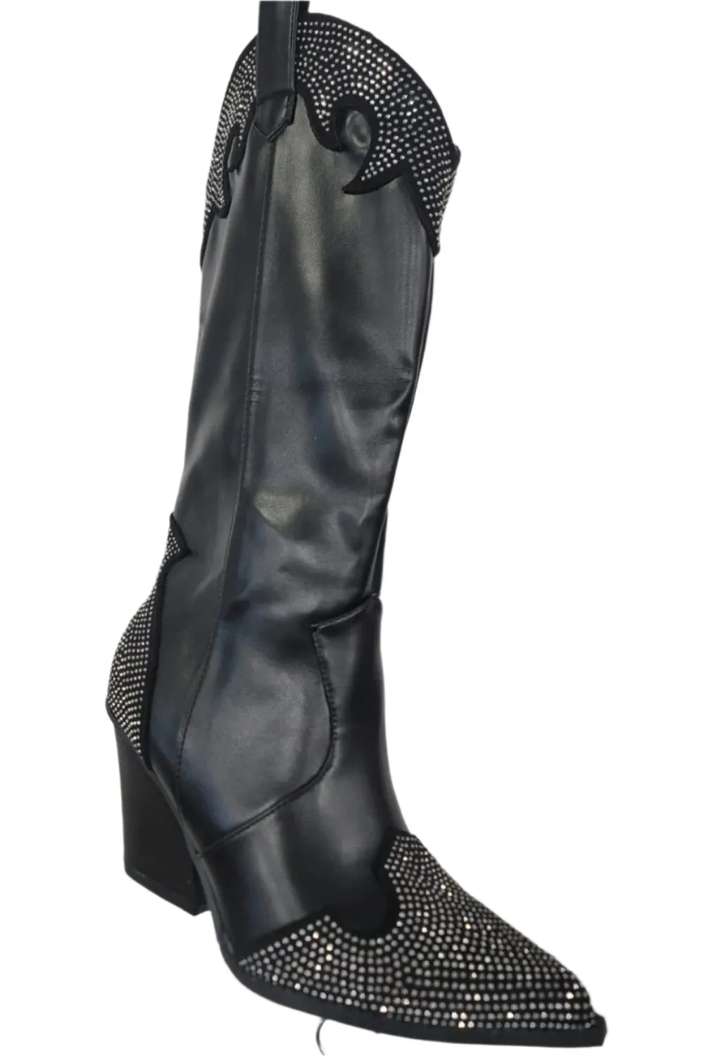 Weeboo Chunky Heel Rhinestone Decor Western Boots
