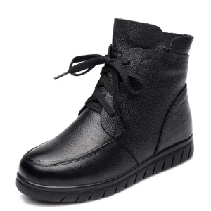 Women Snow Boots Vintage Genuine Leather Natural Wool Fur Winter Warm Ankle Boots