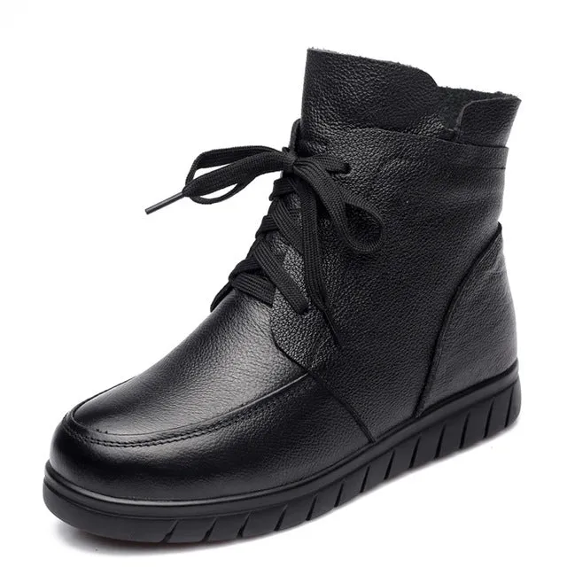 Women Snow Boots Vintage Genuine Leather Natural Wool Fur Winter Warm Ankle Boots