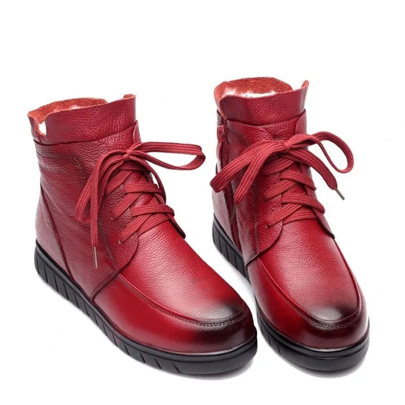 Women Snow Boots Vintage Genuine Leather Natural Wool Fur Winter Warm Ankle Boots