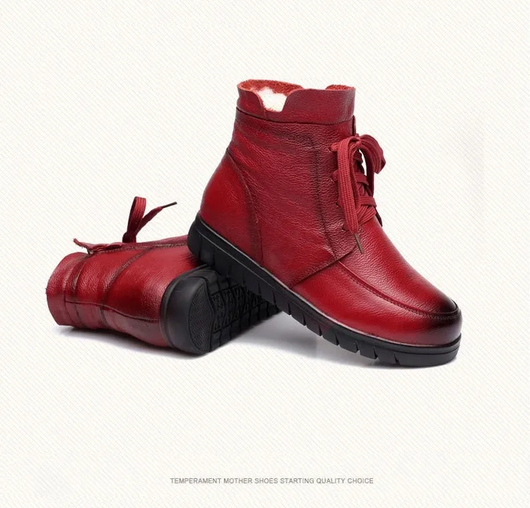Women Snow Boots Vintage Genuine Leather Natural Wool Fur Winter Warm Ankle Boots