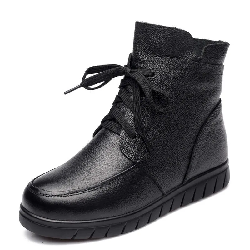 Women Snow Boots Vintage Genuine Leather Natural Wool Fur Winter Warm Ankle Boots