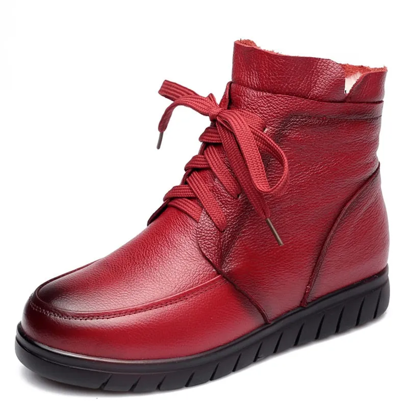 Women Snow Boots Vintage Genuine Leather Natural Wool Fur Winter Warm Ankle Boots