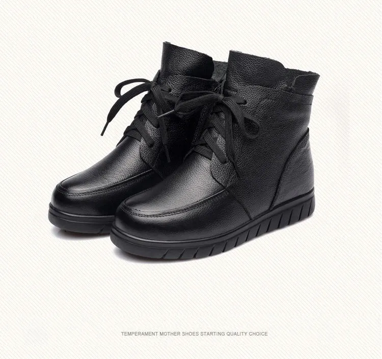 Women Snow Boots Vintage Genuine Leather Natural Wool Fur Winter Warm Ankle Boots