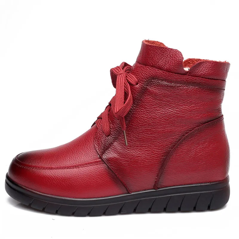 Women Snow Boots Vintage Genuine Leather Natural Wool Fur Winter Warm Ankle Boots