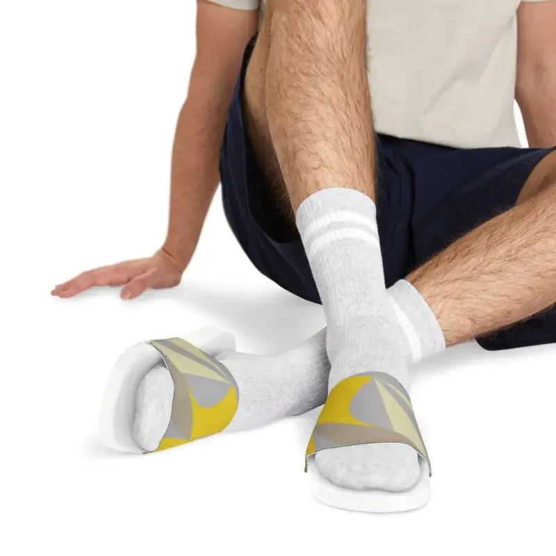 Yellow and Grey Abstract Slide Sandals